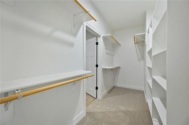 walk in closet with light carpet