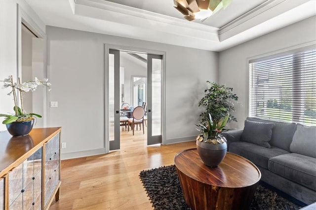 6101 NW 58th St, Kansas City, MO 64151 - living area with light wood-style flooring, a tray ceiling, and baseboards