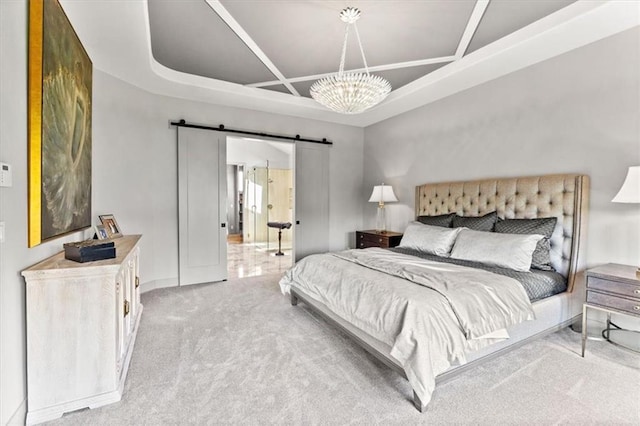 6101 NW 58th St, Kansas City, MO 64151 - bedroom with light carpet, a barn door, baseboards, a chandelier, and coffered ceiling