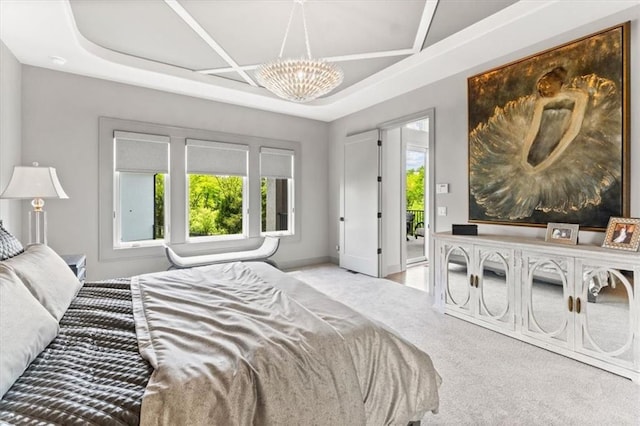 6101 NW 58th St, Kansas City, MO 64151 - bedroom with carpet, a chandelier, access to exterior, coffered ceiling, and baseboards