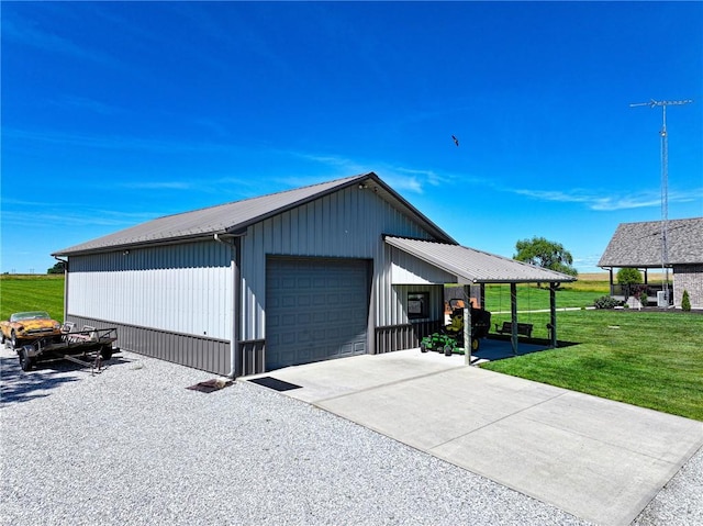 garage with a lawn