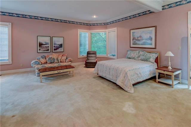 carpeted bedroom with crown molding