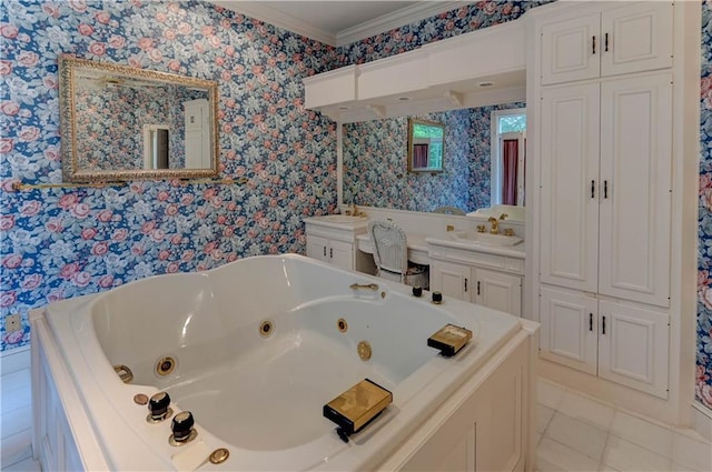 bathroom with tile patterned floors, crown molding, vanity, and a washtub