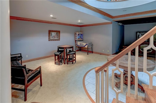 game room with ornamental molding and light colored carpet