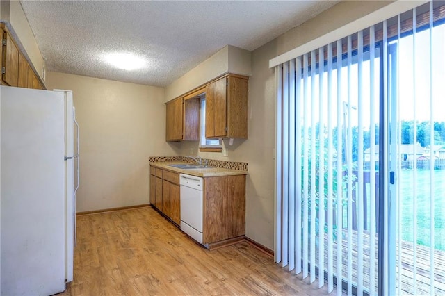 kitchen with sink, white appliances, light hardwood / wood-style flooring, and a textured ceiling