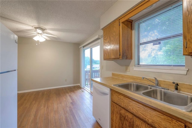 kitchen featuring sink, white appliances, a textured ceiling, ceiling fan, and light hardwood / wood-style floors