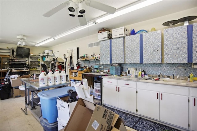 garage with a ceiling fan, visible vents, and a sink