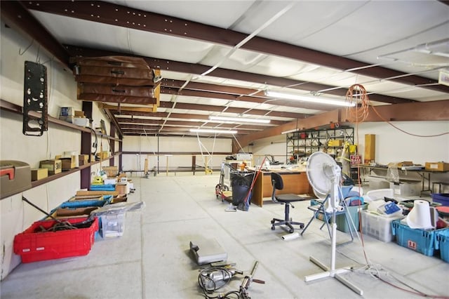 garage with a workshop area