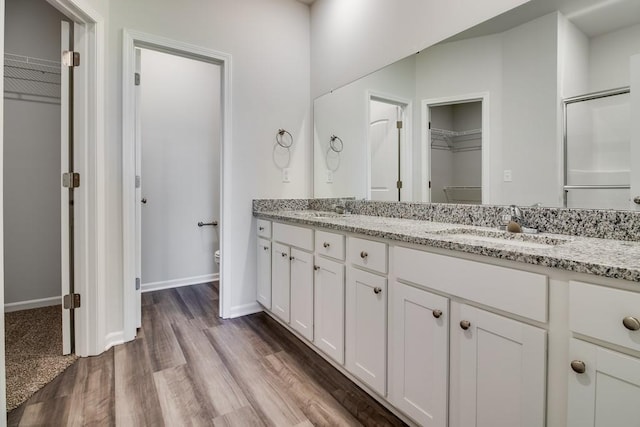 bathroom featuring hardwood / wood-style floors, vanity, and toilet