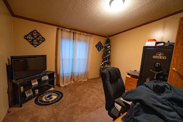 home office with carpet floors, crown molding, and a textured ceiling