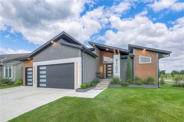 contemporary home with a garage and a front lawn