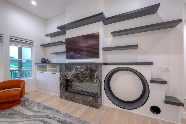 interior details with wood-type flooring and a fireplace