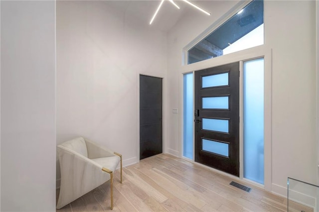 foyer featuring a towering ceiling and light hardwood / wood-style floors