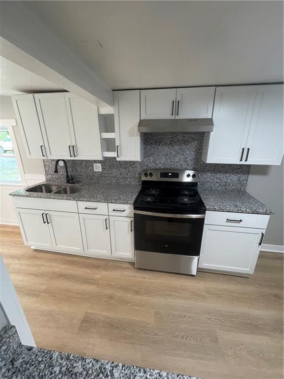 kitchen with white cabinetry, electric range, light hardwood / wood-style floors, and sink