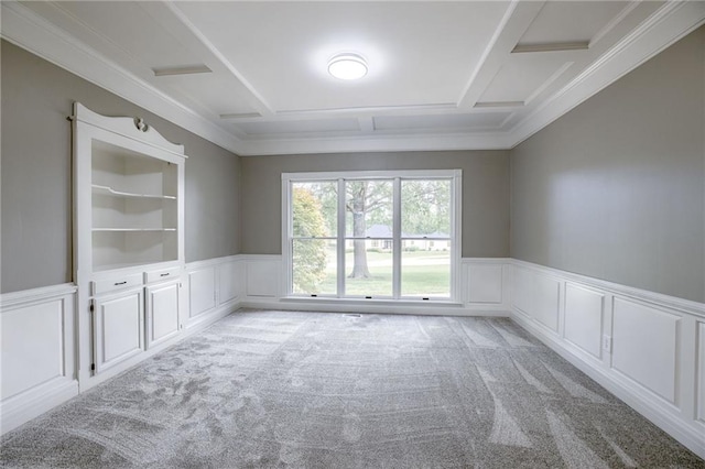 12815 NW 145th St, Platte City, MO 64079 - empty room with a decorative wall, a wainscoted wall, coffered ceiling, and light colored carpet