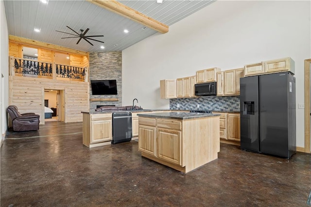 kitchen featuring a kitchen island, light brown cabinets, ceiling fan, and black appliances