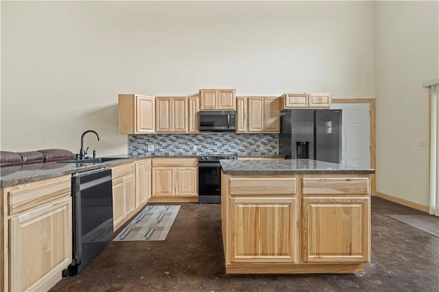 kitchen with tasteful backsplash, light brown cabinetry, a high ceiling, range, and black refrigerator with ice dispenser