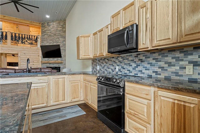 kitchen with black appliances, ceiling fan, light brown cabinets, sink, and backsplash