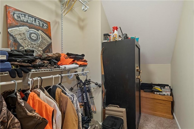 walk in closet featuring vaulted ceiling and carpet floors