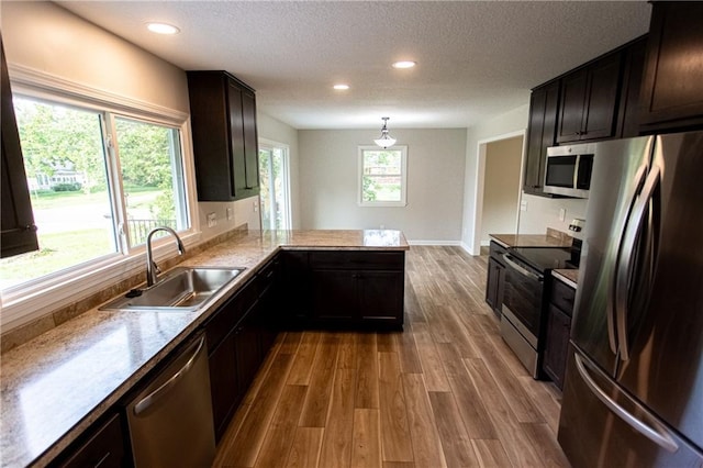 kitchen featuring a healthy amount of sunlight, stainless steel appliances, a sink, and wood finished floors