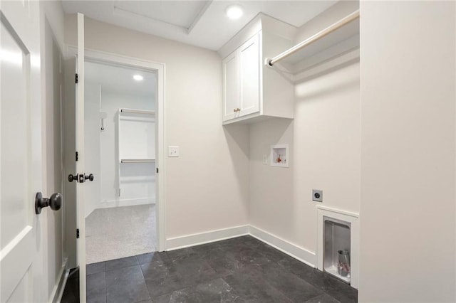 laundry area with electric dryer hookup, dark carpet, cabinets, and hookup for a washing machine