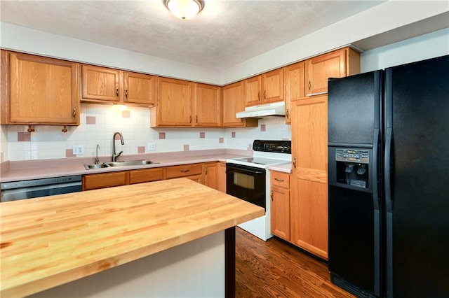 kitchen featuring dark wood-type flooring, sink, black fridge with ice dispenser, wooden counters, and white range with electric cooktop