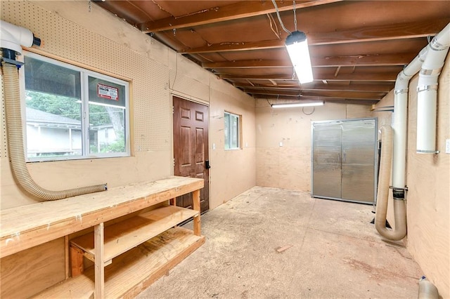 basement featuring a workshop area and a healthy amount of sunlight