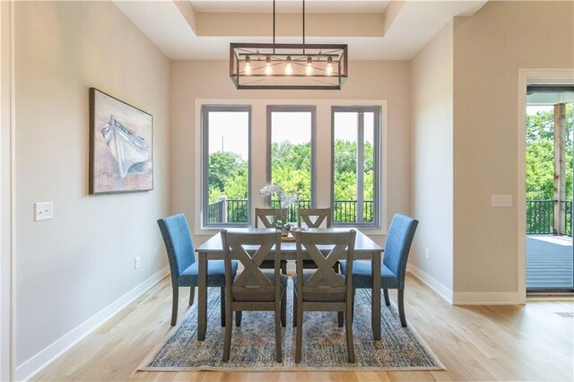 dining area featuring light hardwood / wood-style floors and a raised ceiling