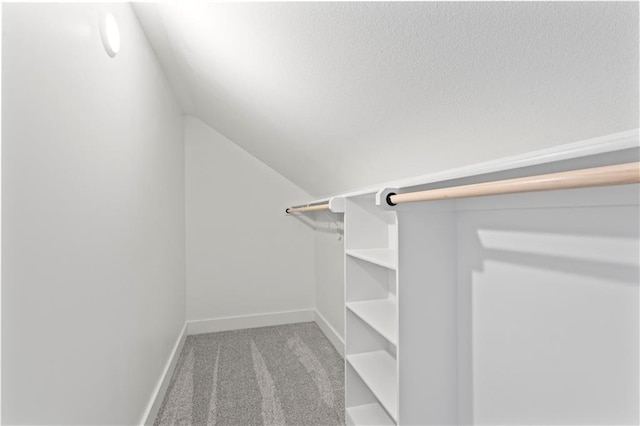 spacious closet featuring light carpet and vaulted ceiling