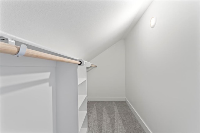 spacious closet featuring light carpet and lofted ceiling