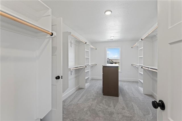 walk in closet with light colored carpet