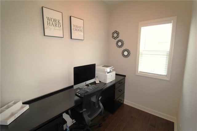 home office with dark wood-type flooring