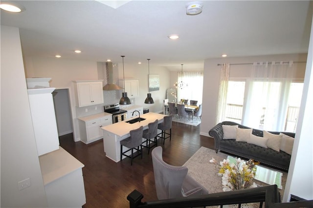 living room with sink and dark wood-type flooring