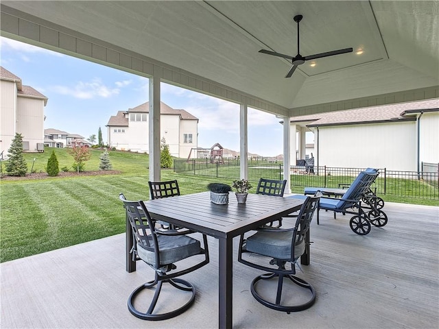 17212 Nieman Rd, Overland Park, KS 66221 - view of patio with outdoor dining area, a ceiling fan, a deck, and a residential view