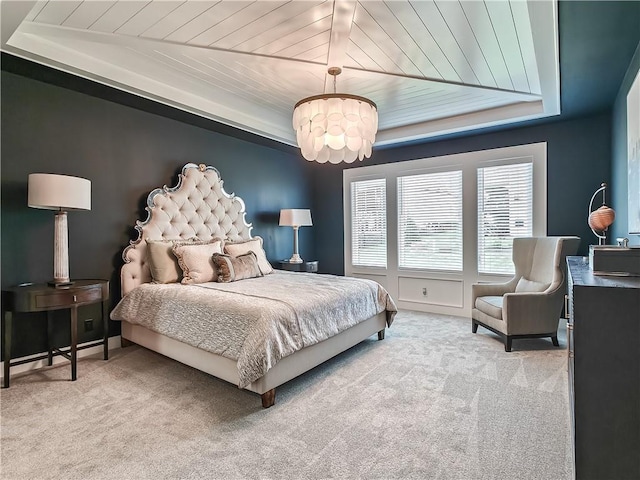 17212 Nieman Rd, Overland Park, KS 66221 - bedroom featuring a raised ceiling, carpet, wooden ceiling, a chandelier, and baseboards
