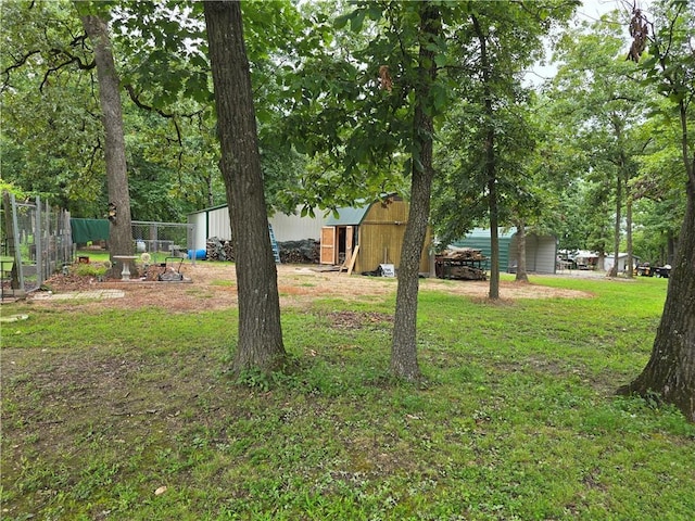 view of yard featuring a storage unit