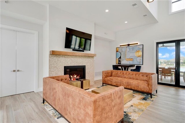 living room with a glass covered fireplace, a healthy amount of sunlight, and wood finished floors