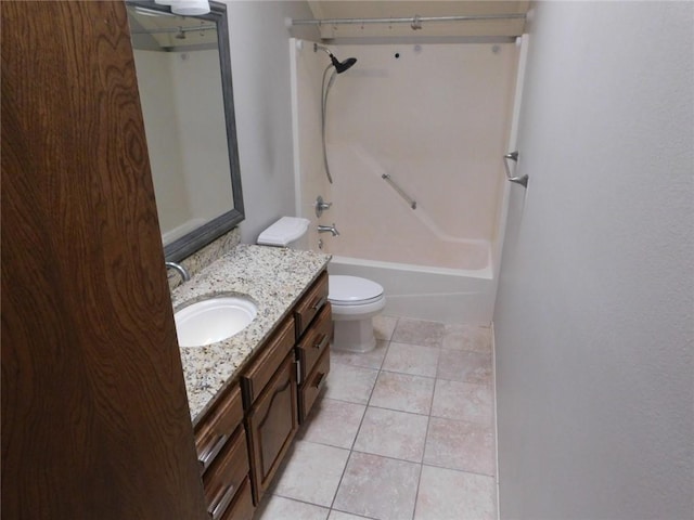 full bathroom with tile patterned flooring, vanity,  shower combination, and toilet