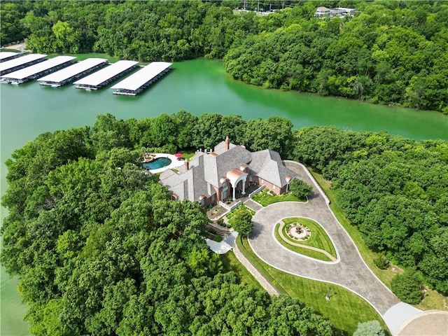 drone / aerial view featuring a water view and a view of trees