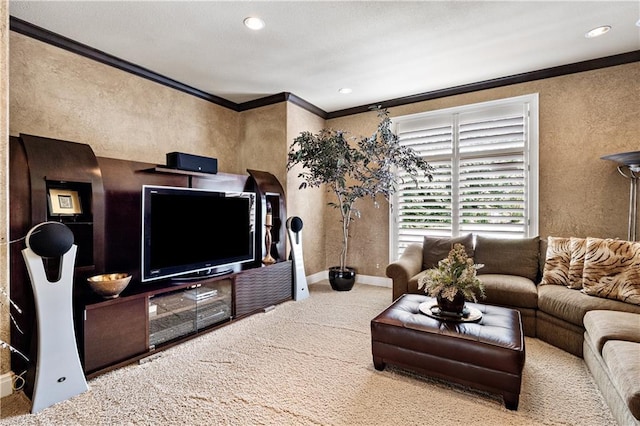 carpeted living area with ornamental molding, baseboards, recessed lighting, and a textured wall