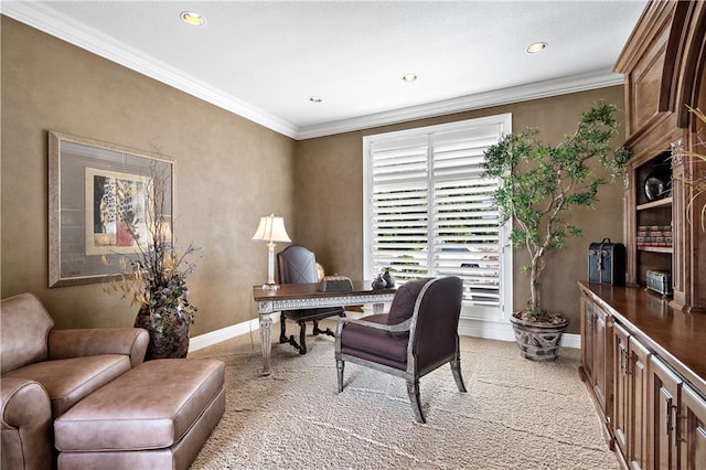 office space featuring light carpet, recessed lighting, baseboards, and crown molding