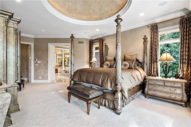 bedroom featuring light carpet, decorative columns, ornamental molding, and recessed lighting