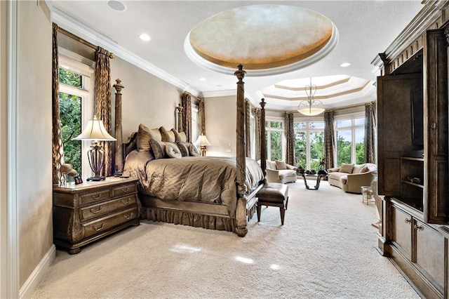 bedroom with a tray ceiling, light colored carpet, ornamental molding, recessed lighting, and baseboards