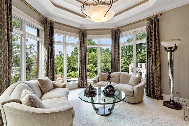 interior space featuring carpet flooring and crown molding