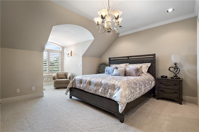 bedroom with ornamental molding, lofted ceiling, light colored carpet, and a chandelier