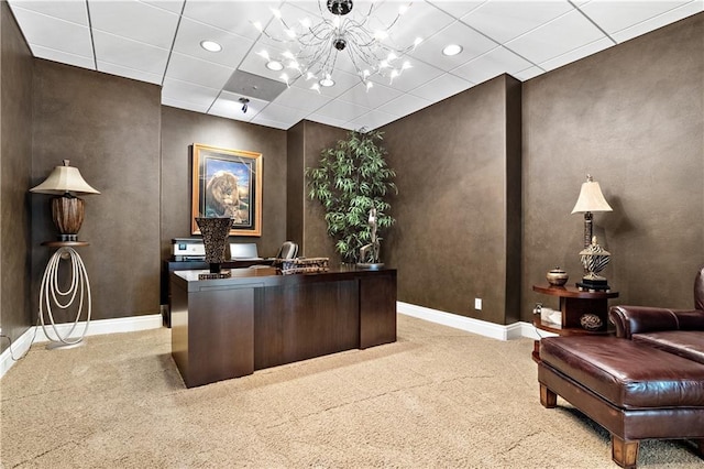 office space featuring light colored carpet, a notable chandelier, baseboards, and recessed lighting