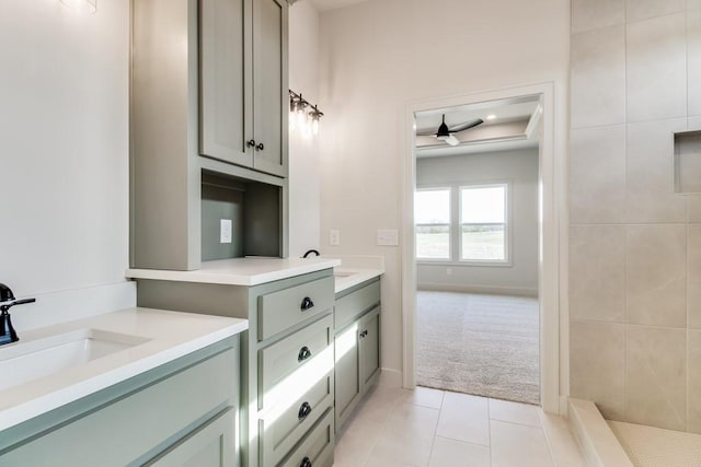 bathroom with vanity, tile patterned floors, and ceiling fan