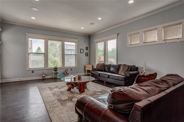 living room with dark hardwood / wood-style floors and crown molding