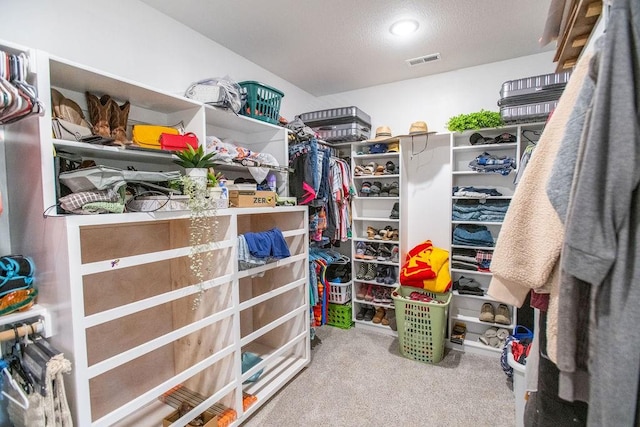 walk in closet with light carpet