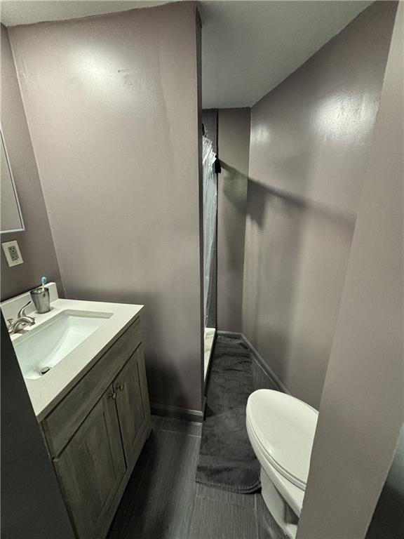 bathroom featuring vanity, curtained shower, and toilet